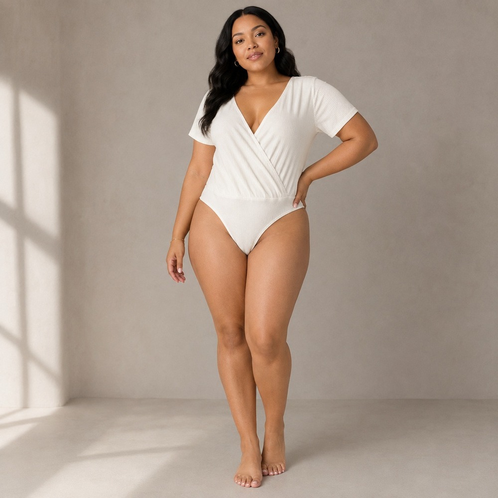 Forever 21 Womens 1X Ivory Ribbed Surplice Wrap Bodysuit Short Sleeve Minimalist